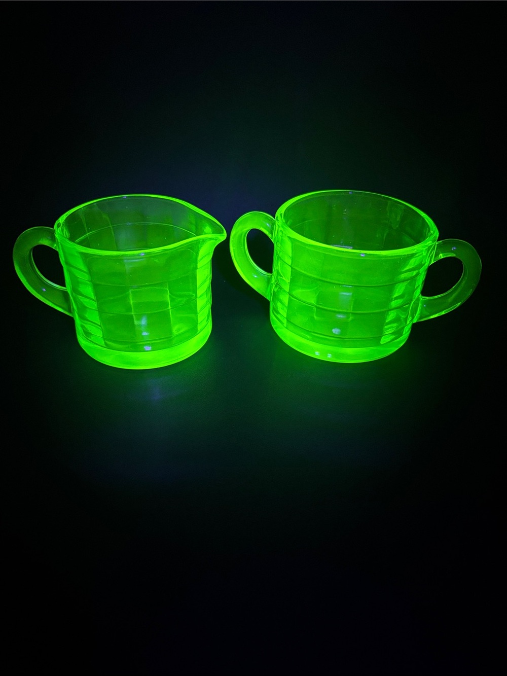 Vintage 1930s green Uranium glass block optic flat type cream and sugar set